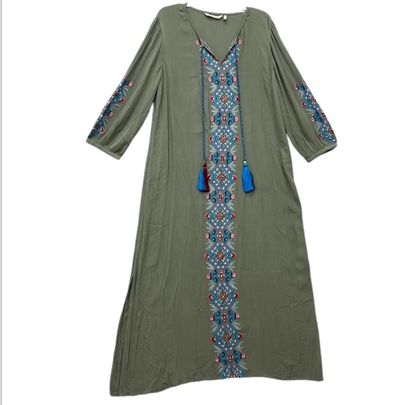Soft Surroundings Green Embroidered Sequin Kaftan Maxi Dress Size Large Boho - Picture 1 of 15